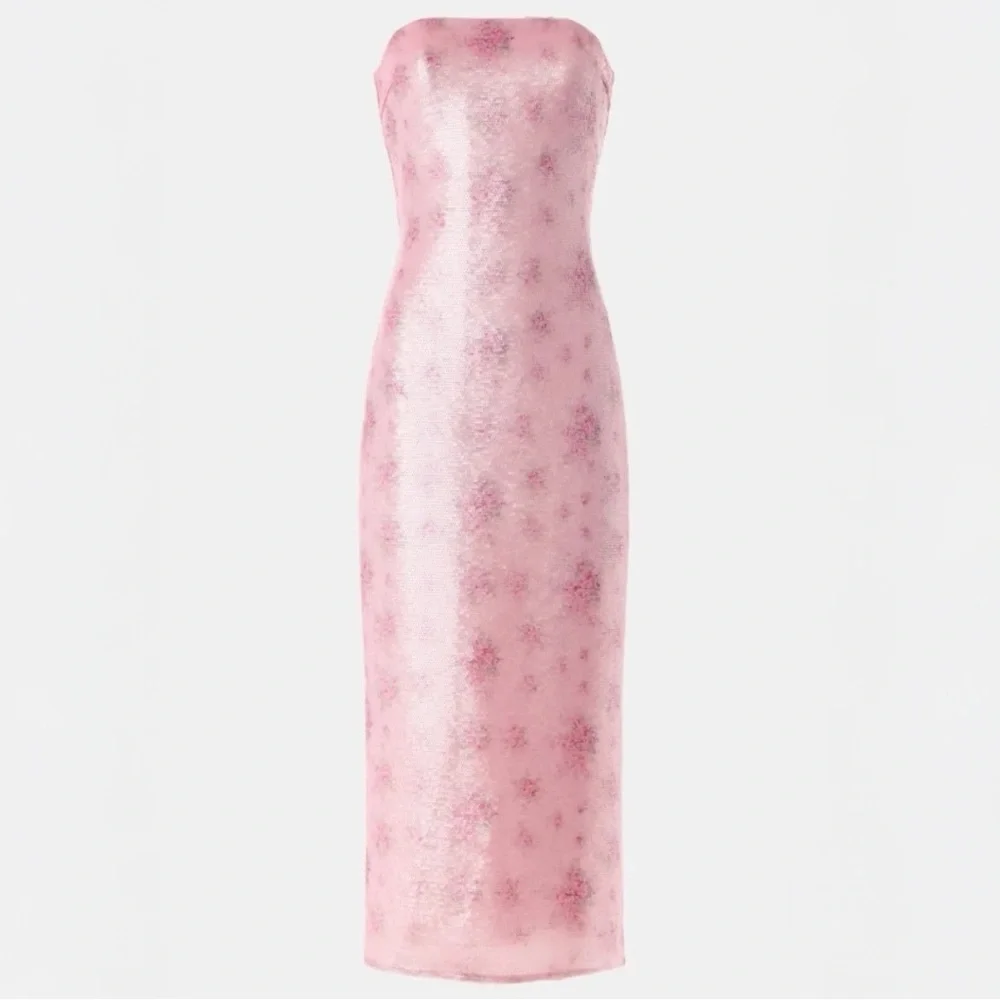 LoveShackFancy Stasia Sequin Floral Strapless Pink Cocktail Midi Dress NEW - Picture 11 of 15